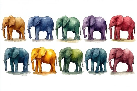 A colorful watercolor illustration of elephants in various hues.