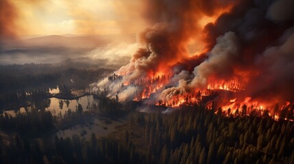 An aerial view of a raging wildfire burning through a forest, with smoke billowing into the sky.