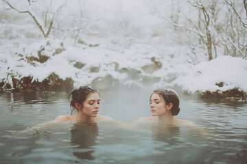 Two women bathing in hot spring in open air during winter.