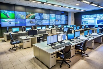 a computer lab with a large screen that says world map