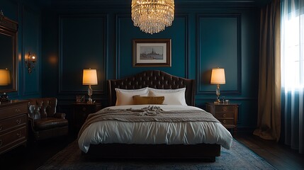 An elegant bedroom with dark teal walls, velvet bedding, a crystal chandelier, and warm golden light highlighting the rich, moody tones for a refined and opulent look --ar 16:9
