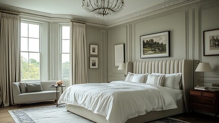 Fototapeta premium An elegant modern classic bedroom with soft gray walls, intricate crown molding, a stylish chandelier, and a cozy reading nook, combining traditional and contemporary touches --ar 16:9