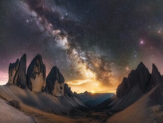 Obraz premium Breathtaking night sky over rugged mountain peaks