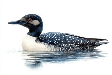 A detailed illustration of a common loon swimming in calm waters.