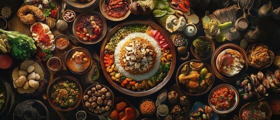 Variety of traditional asian cuisine dishes on wooden table