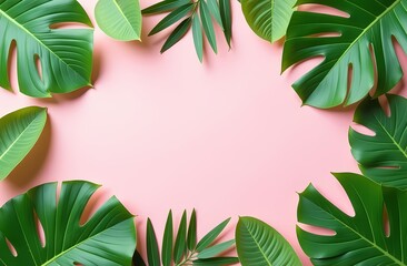 a flat lay of tropical vibrant leaves on a pastel background. Frame of tropical green leaves on pink background. Space for text in the center