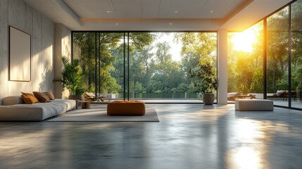 Fototapeta premium Modern living room with large windows overlooking a garden and pool.