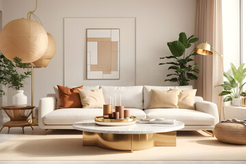 Hyper realistic and creative image for modern interior room design with warm and white background