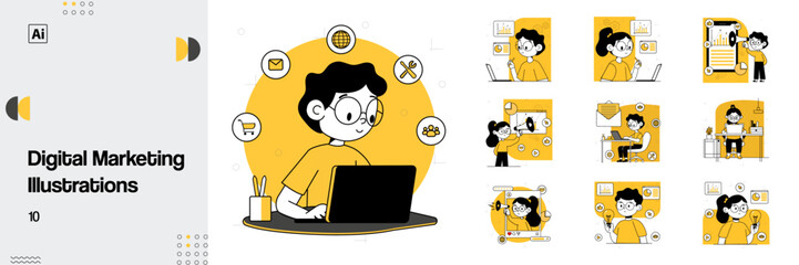 Digital Marketing Illustration set, men and women taking part in SEO, Online marketing, Analytics, Email marketing, innovation. Modern vector set.