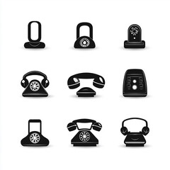 Phone icons collection. Contact us symbol. Call sign. Cell phone pictogram black & white isolated on white background. Vector illustration