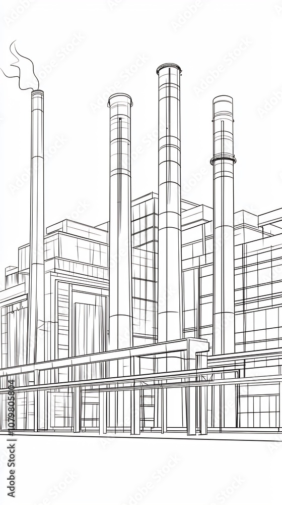 Aufkleber minimalist architectural rendering of an industrial factory with distinct pipes and chimneys
