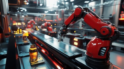 Fototapeta premium Robotic arms working on assembly line in modern factory.