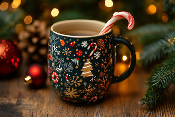 Fototapeta premium Christmas themed coffee mug with candy canes, Christmas concept background