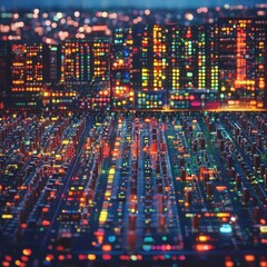 Vibrant cityscape at night with glowing skyscrapers and illuminated streets