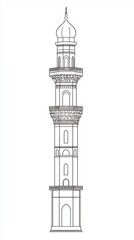 Obraz premium Minimalist Line Drawing of Intricate Middle Eastern Minaret Tower on White Background
