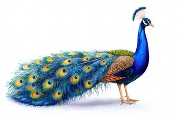 Obraz premium A vibrant peacock displaying its colorful feathers against a white background.
