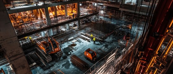 Construction site with workers and heavy machinery at night