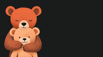 Fototapeta premium Cute animal fluffy cuddly and mischievous concept. A warm illustration of a big bear hugging a smaller bear, symbolizing love and affection on a dark background.