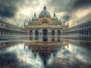 Fototapeta premium Magnificent cathedral reflected in still waters under dramatic sky