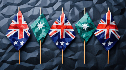 Five Australian flags displayed in a diamond shape on wooden sticks with a crumpled blue background.