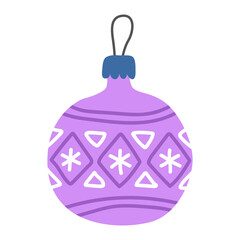 Purple christmas ball isolated on white. New Year's toy. Christmas tree decor. Cute cartoon illustration.	