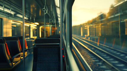 Obraz premium Traveling by train. The rails and another train are visible from the train window. The romance of adventure. Tourism