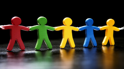 Five colorful wooden figures holding hands in a line, symbolizing unity and connection.