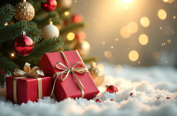 Obraz premium Festive christmas scene with presents and glittering decorations