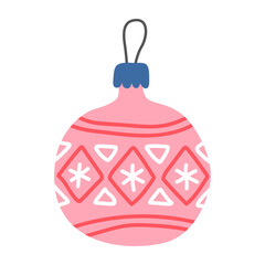 Pink christmas ball isolated on white. New Year's toy. Christmas tree decor. Cute cartoon illustration.	