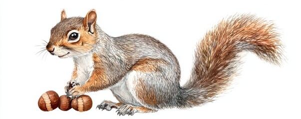 Obraz premium Cute animal fluffy cuddly and mischievous concept. A detailed illustration of a squirrel holding nuts, featuring a bushy tail and vibrant fur, capturing the essence of this playful rodent.