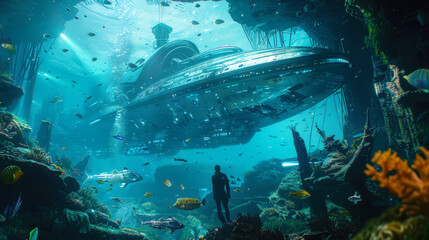Fototapeta premium A sunken huge spaceship in the blue depths of the ocean. The sea world. The concept of a fantastic space underwater world with unusual living creatures. Science fiction