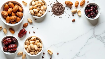 A white background with a variety of nuts and fruits