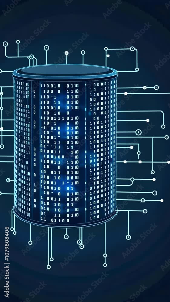 Poster a blue digital cylinder with binary code displays on a dark blue background with light blue wiring