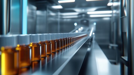 Fototapeta premium Vials of Amber Liquid Moving Through a Modern Pharmaceutical Manufacturing Facility During the Production Process With Advanced Machinery Operating Efficiently