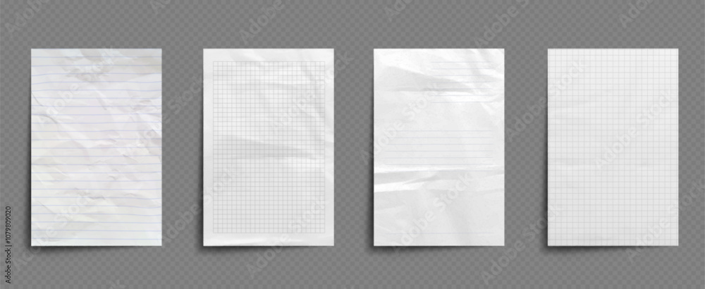 Poster white notebook sheet. old school paper with crumpled effect mockup. line and checkered notepad page 