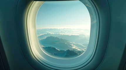 View from the side window of the mountains and the blue sky. The plane window offers a stunning view of the mountain range. Travel and tourism
