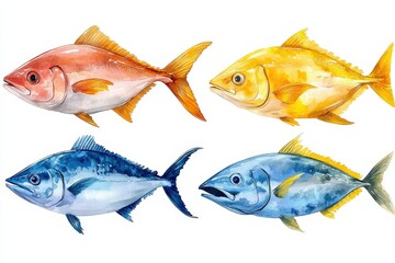 A watercolor illustration of four different fish species in vibrant colors.
