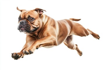 Obraz premium A brown dog leaping in mid-air against a white background.