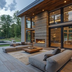 Fototapeta premium Modern patio with fireplace and large windows overlooking a pool.