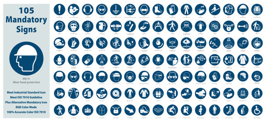 Set Illustration of Mandatory Safety Signs meet ISO 7010 Standards. Contain standards plus alternative icons, RGB color mode. Maintain 100% color accuracy as per ISO 7010 guideline.