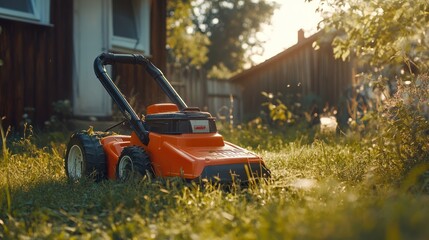 Orange Lawn Mower in a Backyard