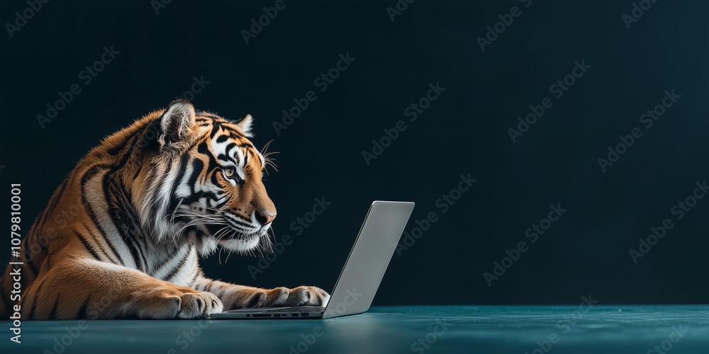 Poster focused tiger using laptop in digital workspace, showcasing blend of nature and technology