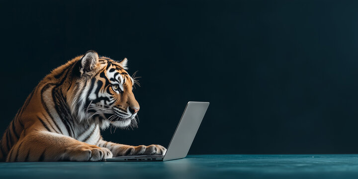 focused tiger using laptop in digital workspace, showcasing blend of nature and technology