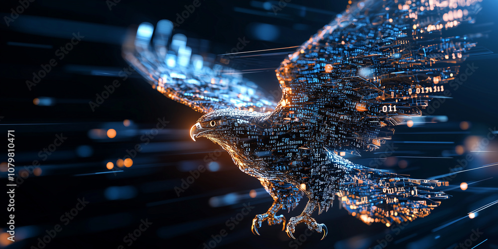 Aufkleber digital illustration of eagle made of binary code, soaring through futuristic, glowing landscape. dynamic scene captures essence of technology and nature merging