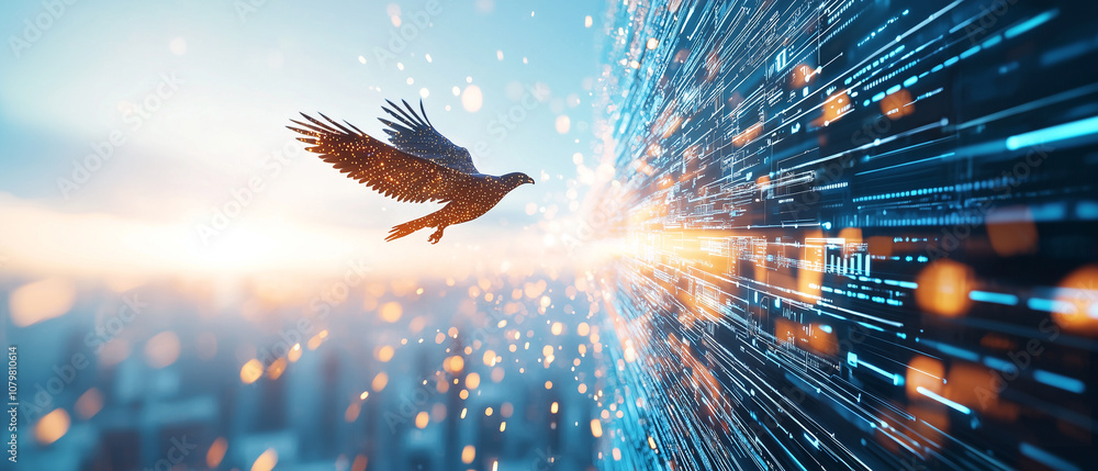 Poster eagle soars through futuristic cityscape, blending nature with technology as digital lights illumina