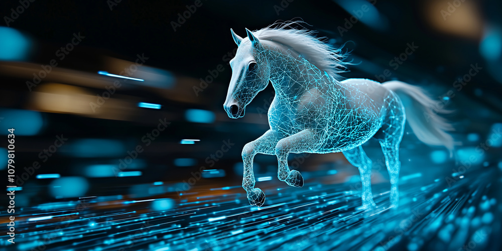 Poster digital horse gallops across futuristic landscape, embodying speed and technology in vibrant, dynamic scene. glowing lines and digital elements create sense of motion and innovation