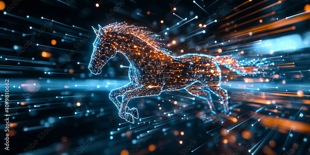 Aufkleber digital horse gallops through vibrant, futuristic landscape, glowing with energy and motion. scene is filled with dynamic lines and bright colors, creating sense of speed and innovation
