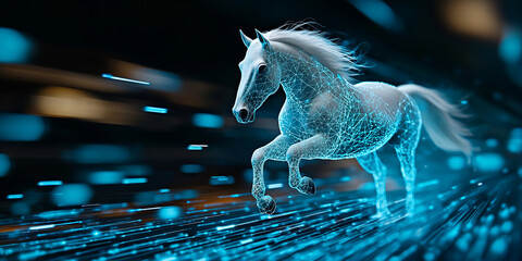 digital horse gallops across futuristic landscape, embodying speed and technology in vibrant, dynamic scene. glowing lines and digital elements create sense of motion and innovation