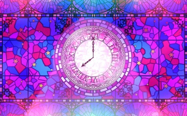 アンティークゴシックなステンドグラスの時計と背景壁紙