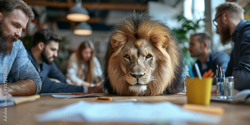 Poster lion sits confidently at creative workspace table, surrounded by team of professionals engaged in br